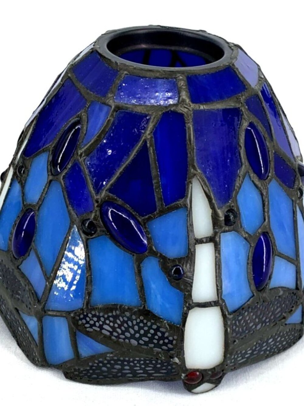 Stained Glass Lamp Shade Blue Tiffany Style Dragonfly Small Bell 5" Tall